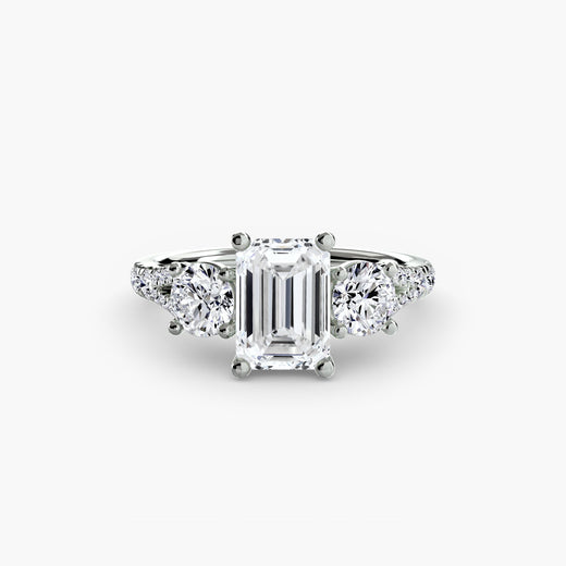 ÉTERNITÉ II Emerald Cut three-stone pavé ring setting in White Gold | SARATTI