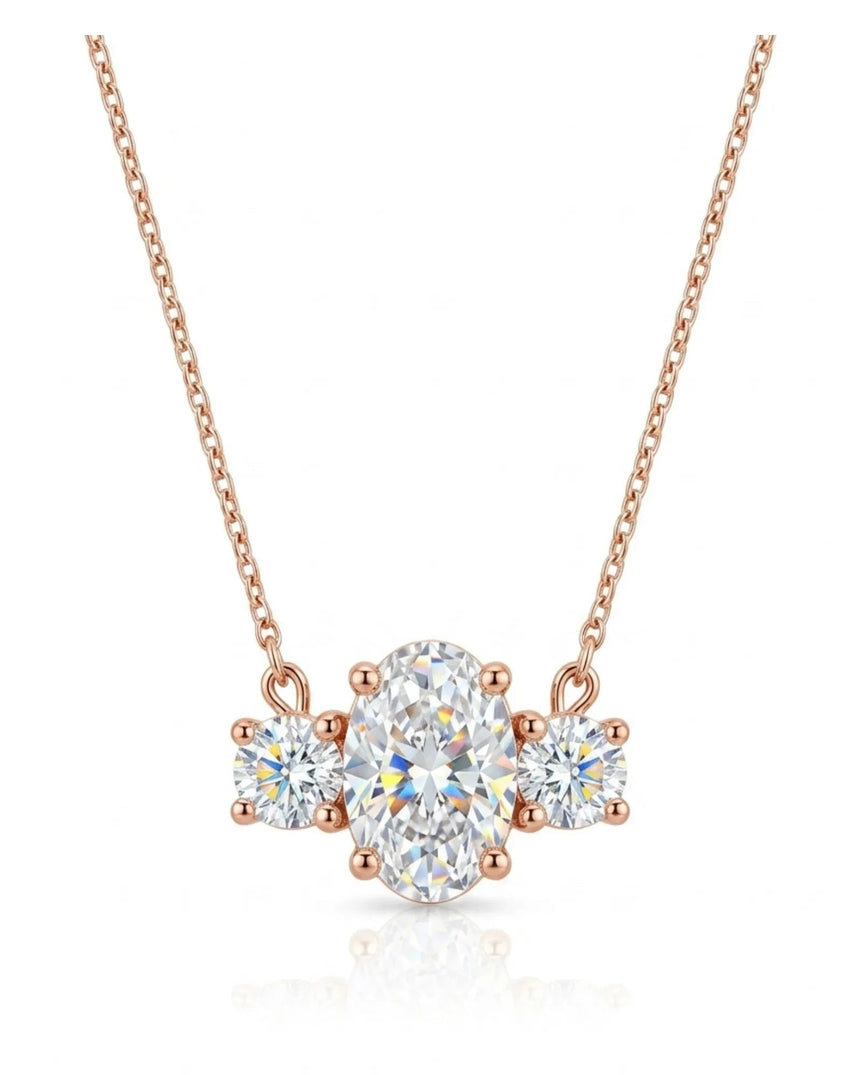 ÉTERNITÉ Oval Cut three-stone pavé necklace setting in Rose Gold with 42 cm cable chain, front view | SARATTI Fine Jewelry