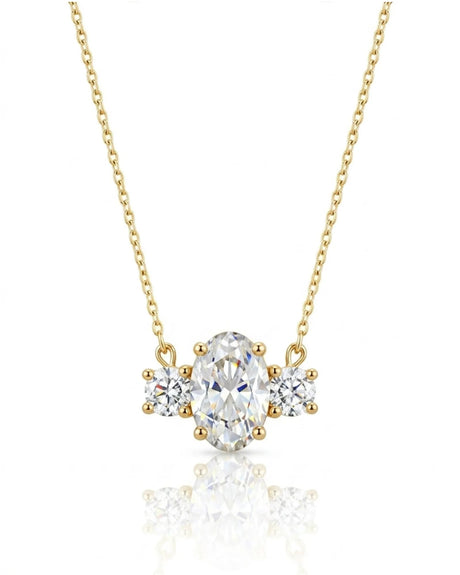 ÉTERNITÉ Oval Cut three-stone pavé necklace setting in polished white metal with 42 cm cable chain, front view | SARATTI Fine Jewelry
