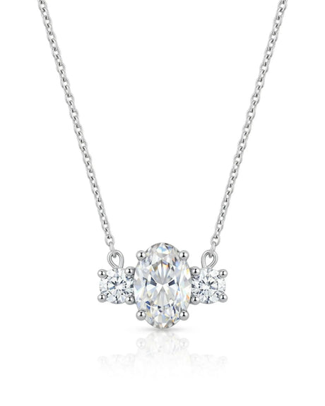 ÉTERNITÉ Oval Cut three-stone pavé necklace setting in Yellow Gold with 42 cm cable chain, front view | SARATTI Fine Jewelry