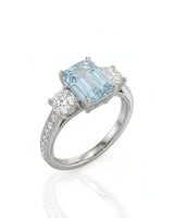 Étoile Trinity emerald cut Aquamarine three-stone diamond ring setting in Platinum, 45-degree view | SARATTI