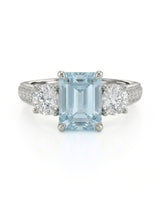 Étoile Trinity emerald cut Aquamarine three-stone diamond ring setting in Platinum, front view | SARATTI