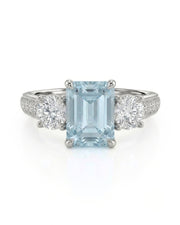 Étoile Trinity emerald cut Aquamarine three-stone diamond ring setting in Platinum, front view | SARATTI