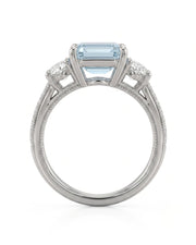 Étoile Trinity emerald cut Aquamarine three-stone diamond ring setting in Platinum, gallery view | SARATTI