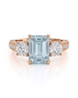 Étoile Trinity emerald cut Aquamarine three-stone diamond ring setting in Rose Gold, front view | SARATTI
