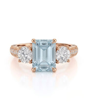 Étoile Trinity emerald cut Aquamarine three-stone diamond ring setting in Rose Gold, front view | SARATTI