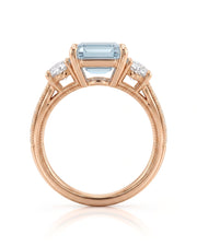 Étoile Trinity emerald cut Aquamarine three-stone diamond ring setting in Rose Gold, gallery view | SARATTI