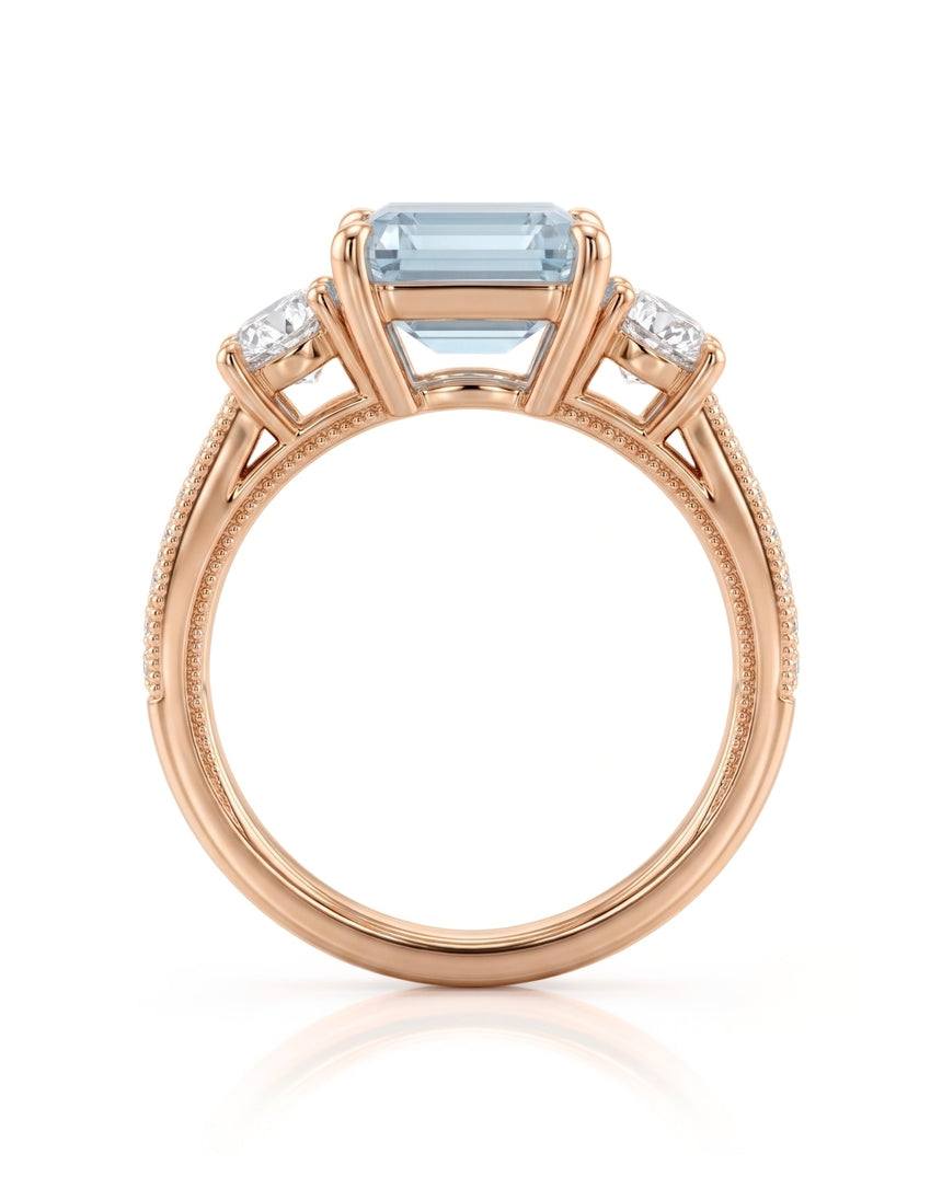Étoile Trinity emerald cut Aquamarine three-stone diamond ring setting in Rose Gold, gallery view | SARATTI