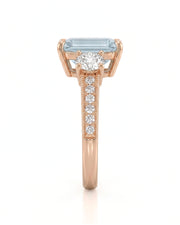Étoile Trinity emerald cut Aquamarine three-stone diamond ring setting in Rose Gold, side profile | SARATTI