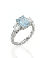 Étoile Trinity emerald cut Aquamarine three-stone diamond ring setting in White Gold, 45-degree view | SARATTI