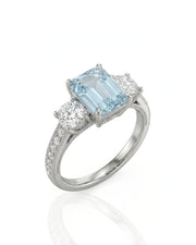 Étoile Trinity emerald cut Aquamarine three-stone diamond ring setting in White Gold, 45-degree view | SARATTI
