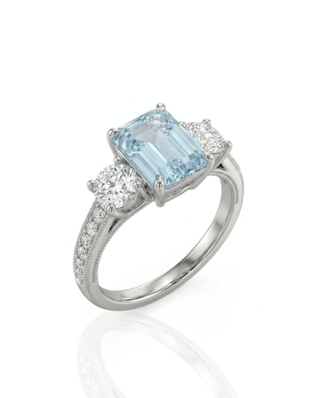 Étoile Trinity emerald cut Aquamarine three-stone diamond ring setting in White Gold, 45-degree view | SARATTI