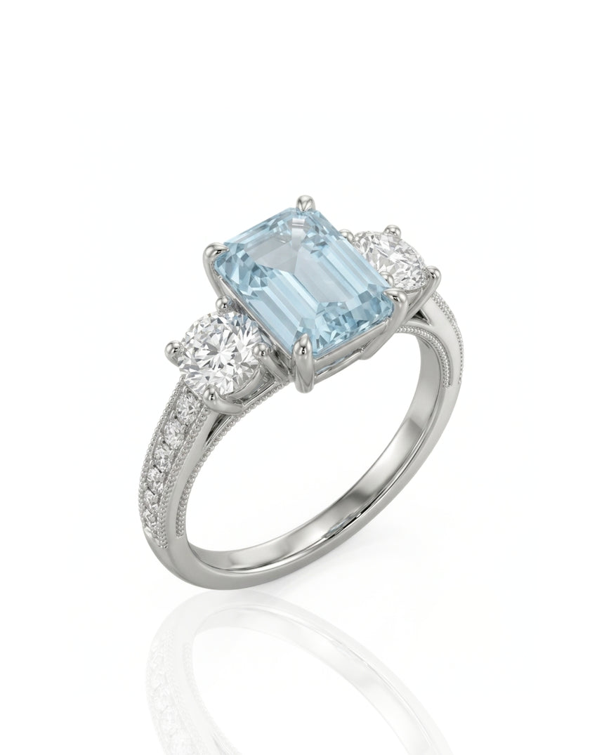 Étoile Trinity emerald cut Aquamarine three-stone diamond ring setting in White Gold, 45-degree view | SARATTI