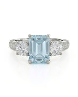 Étoile Trinity emerald cut Aquamarine three-stone diamond ring setting in White Gold, front view | SARATTI