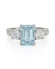 Étoile Trinity emerald cut Aquamarine three-stone diamond ring setting in White Gold, front view | SARATTI