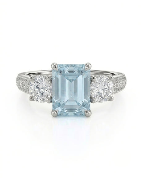 Étoile Trinity emerald cut Aquamarine three-stone diamond ring setting in White Gold, front view | SARATTI