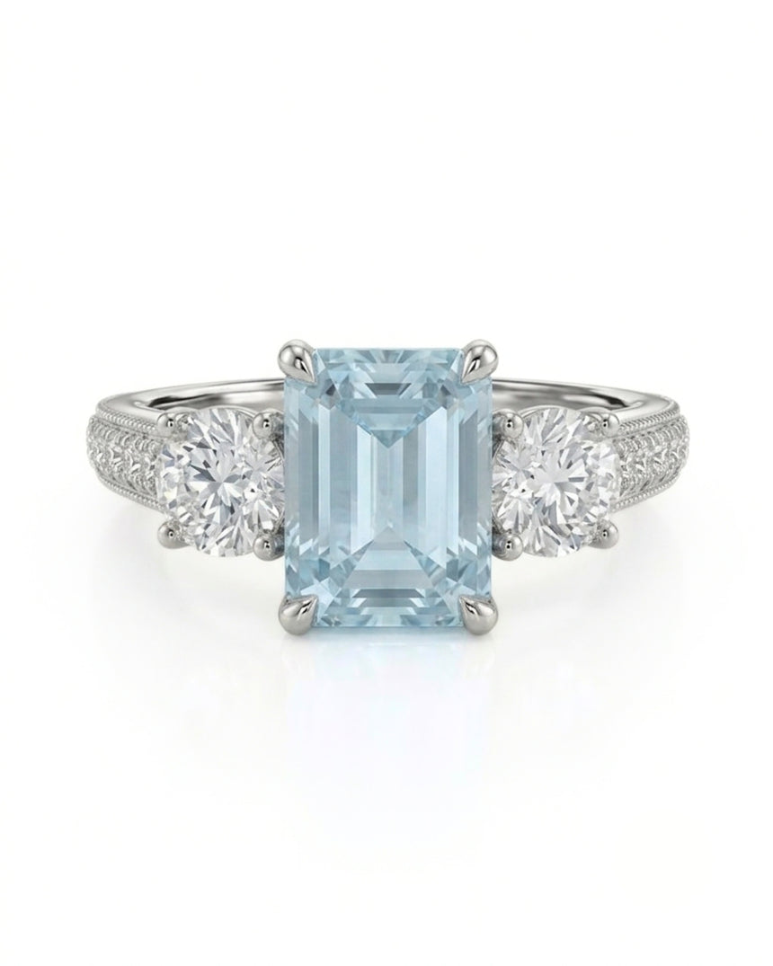 Étoile Trinity emerald cut Aquamarine three-stone diamond ring setting in White Gold, front view | SARATTI