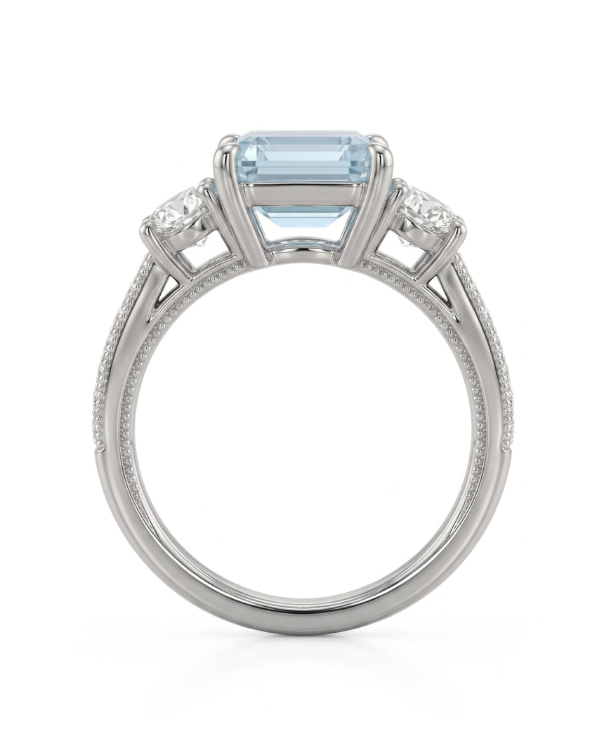 Étoile Trinity emerald cut Aquamarine three-stone diamond ring setting in White Gold, gallery view | SARATTI