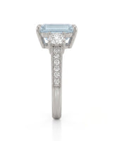 Étoile Trinity emerald cut Aquamarine three-stone diamond ring setting in White Gold, side profile | SARATTI