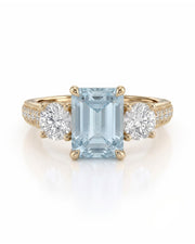 Étoile Trinity emerald cut Aquamarine three-stone diamond ring setting in Yellow Gold, front view | SARATTI