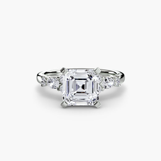 FLEUR – Asscher Cut Floral Accent Solitaire Ring Setting in White Gold | SARATTI