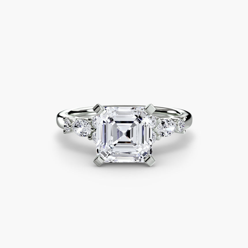 FLEUR – Asscher Cut Floral Accent Solitaire Ring Setting in White Gold | SARATTI