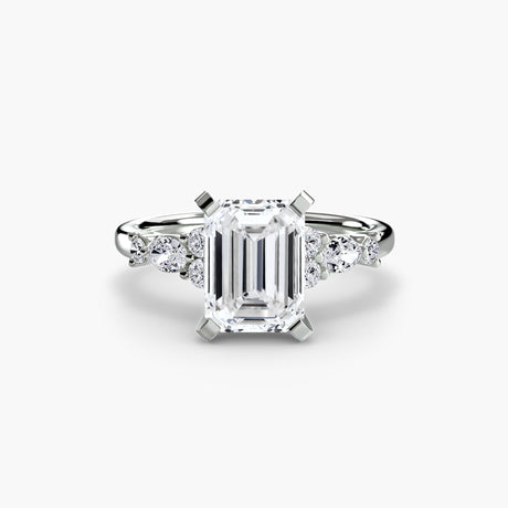 FLEUR Emerald Cut Floral Accent Solitaire Ring Setting in White Gold | SARATTI