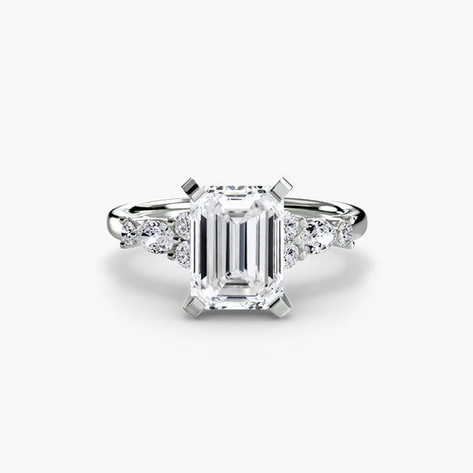 FLEUR Emerald Cut Floral Accent Solitaire Ring Setting in White Gold | SARATTI