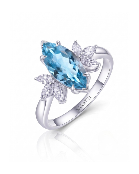 FLEURIS marquise cut Aquamarine floral diamond ring setting in White Gold, 45-degree view | SARATTI