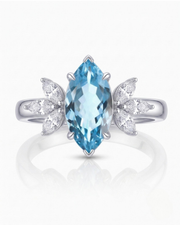 FLEURIS marquise cut Aquamarine floral diamond ring setting in White Gold, front view | SARATTI