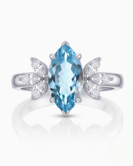 FLEURIS marquise cut Aquamarine floral diamond ring setting in White Gold, front view | SARATTI