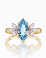 FLEURIS marquise cut Aquamarine floral diamond ring setting in Yellow Gold, front view | SARATTI