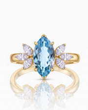 FLEURIS marquise cut Aquamarine floral diamond ring setting in Yellow Gold, front view | SARATTI