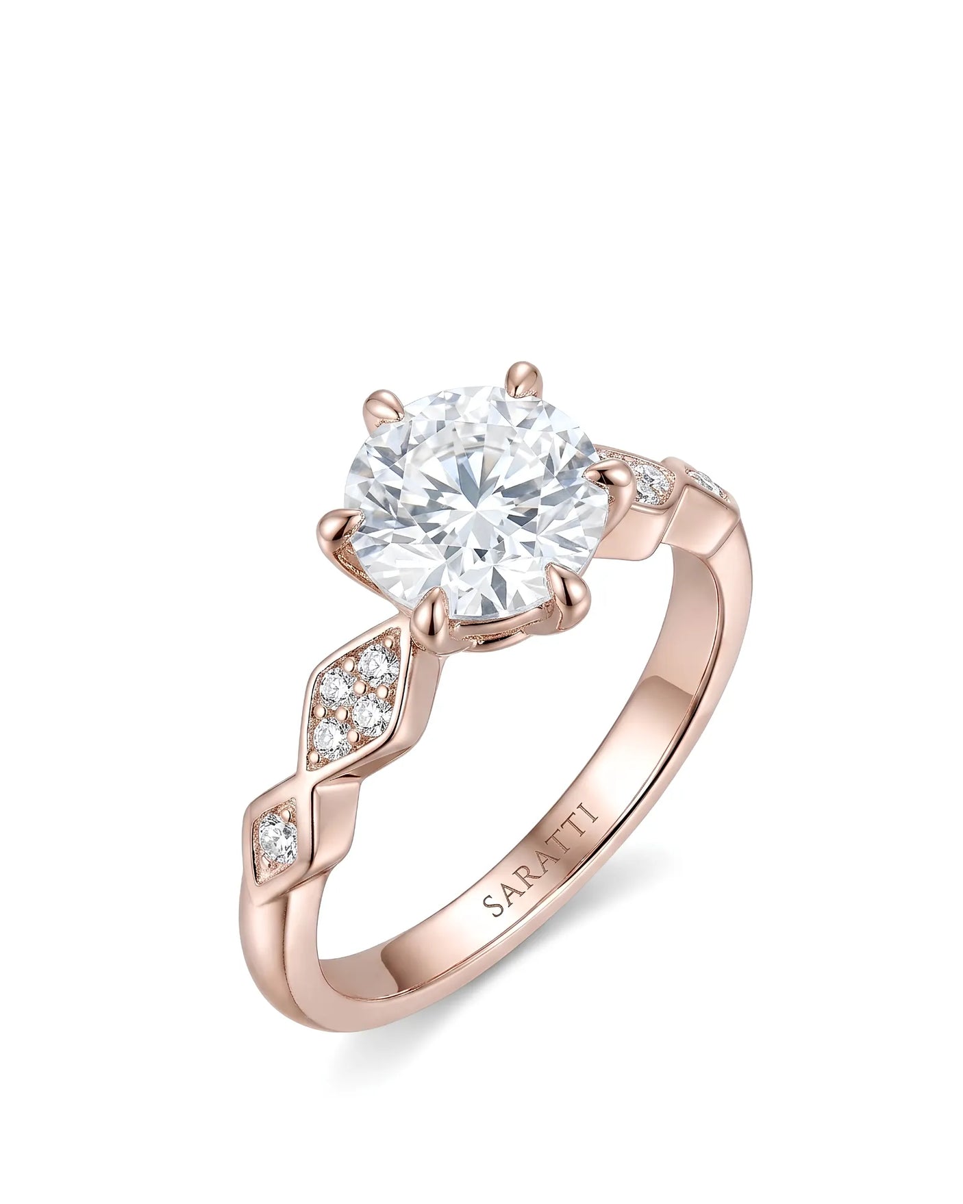 Florence 1 carat round natural diamond geometric engagement ring in 18K rose gold, 45-degree view | SARATTI