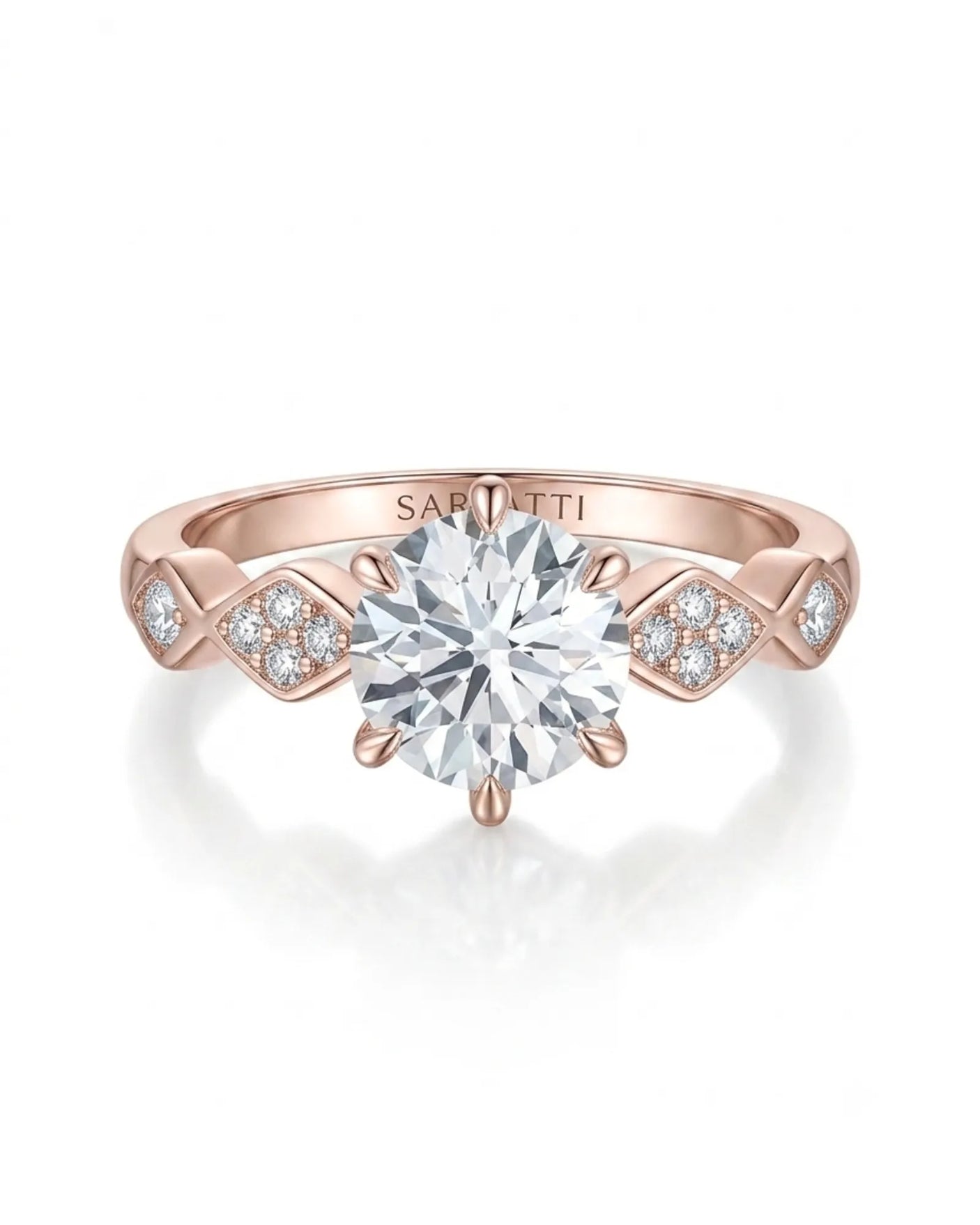 Florence 1 carat round natural diamond engagement ring in 18K rose gold, front view of geometric diamond shoulders | SARATTI
