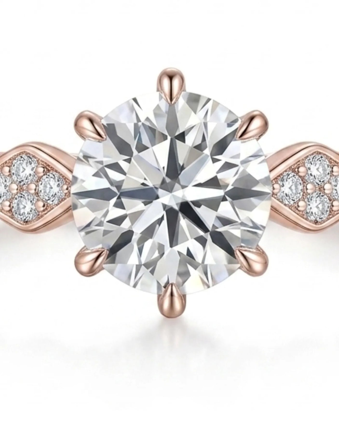 Florence 1 carat round natural diamond engagement ring in 18K rose gold, macro detail of geometric round diamond shoulders | SARATTI