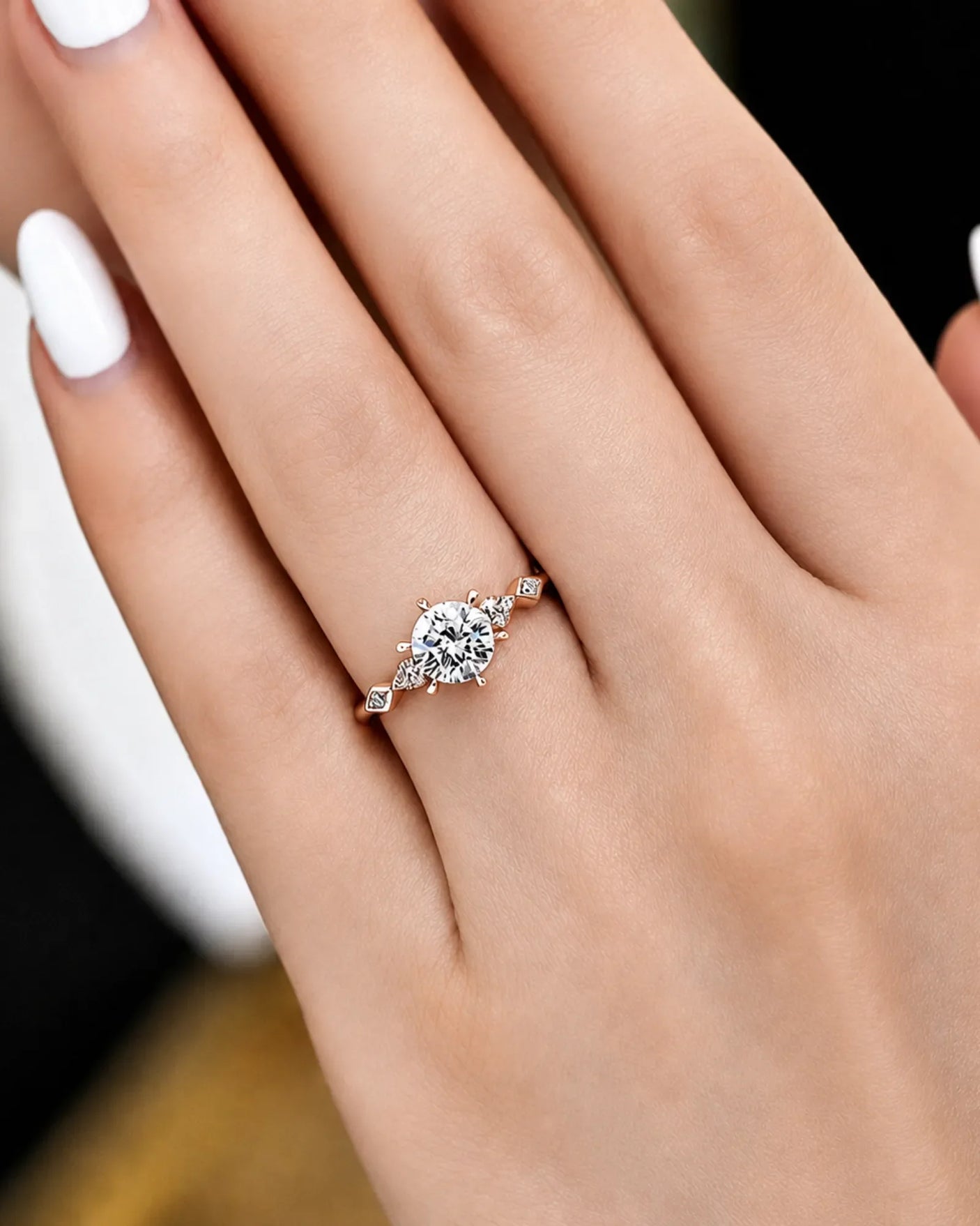 Florence 1 carat round natural diamond geometric engagement ring in 18K rose gold, worn on hand | SARATTI