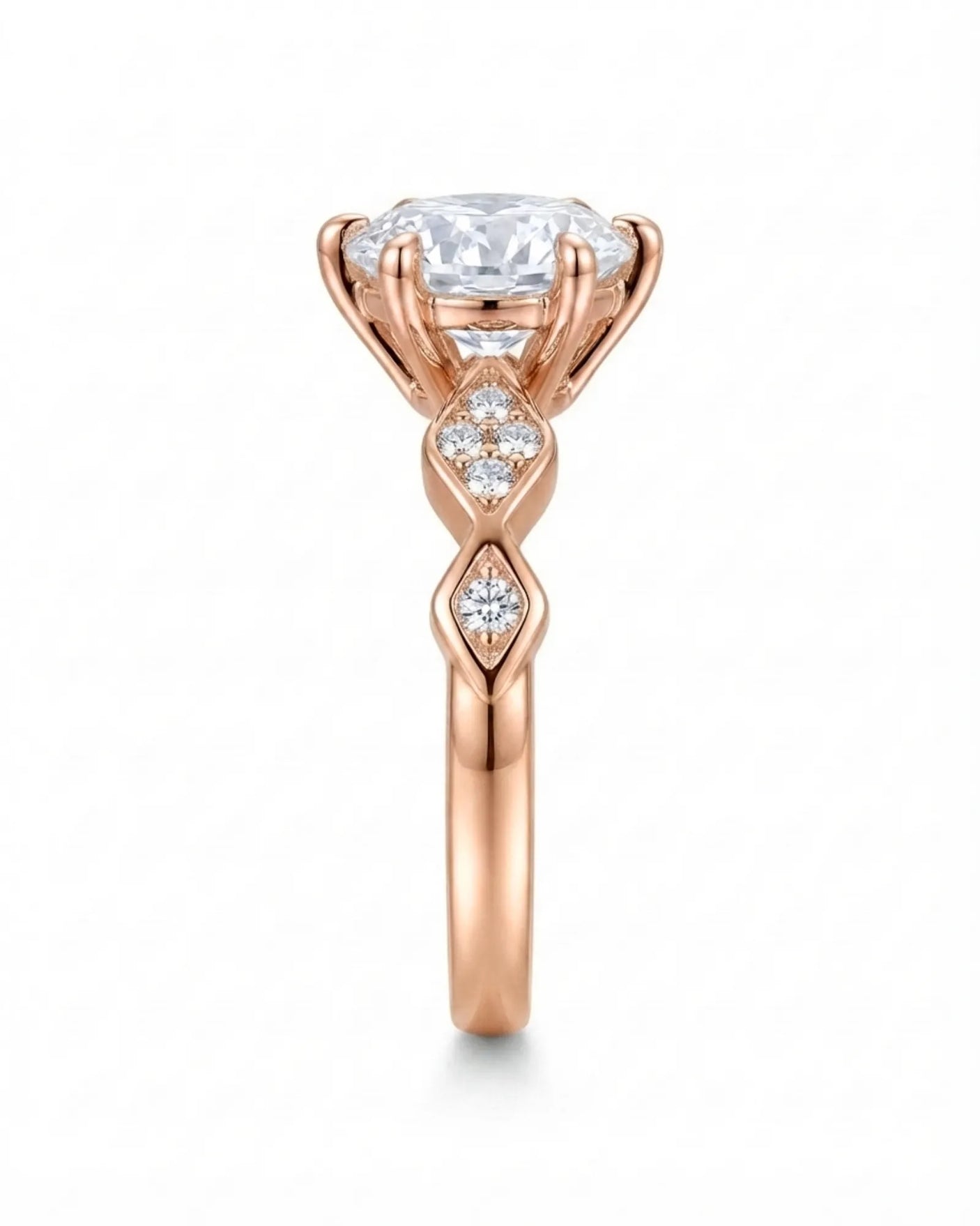 Florence 1 carat round natural diamond engagement ring in 18K rose gold, side profile showing six-prong crown | SARATTI