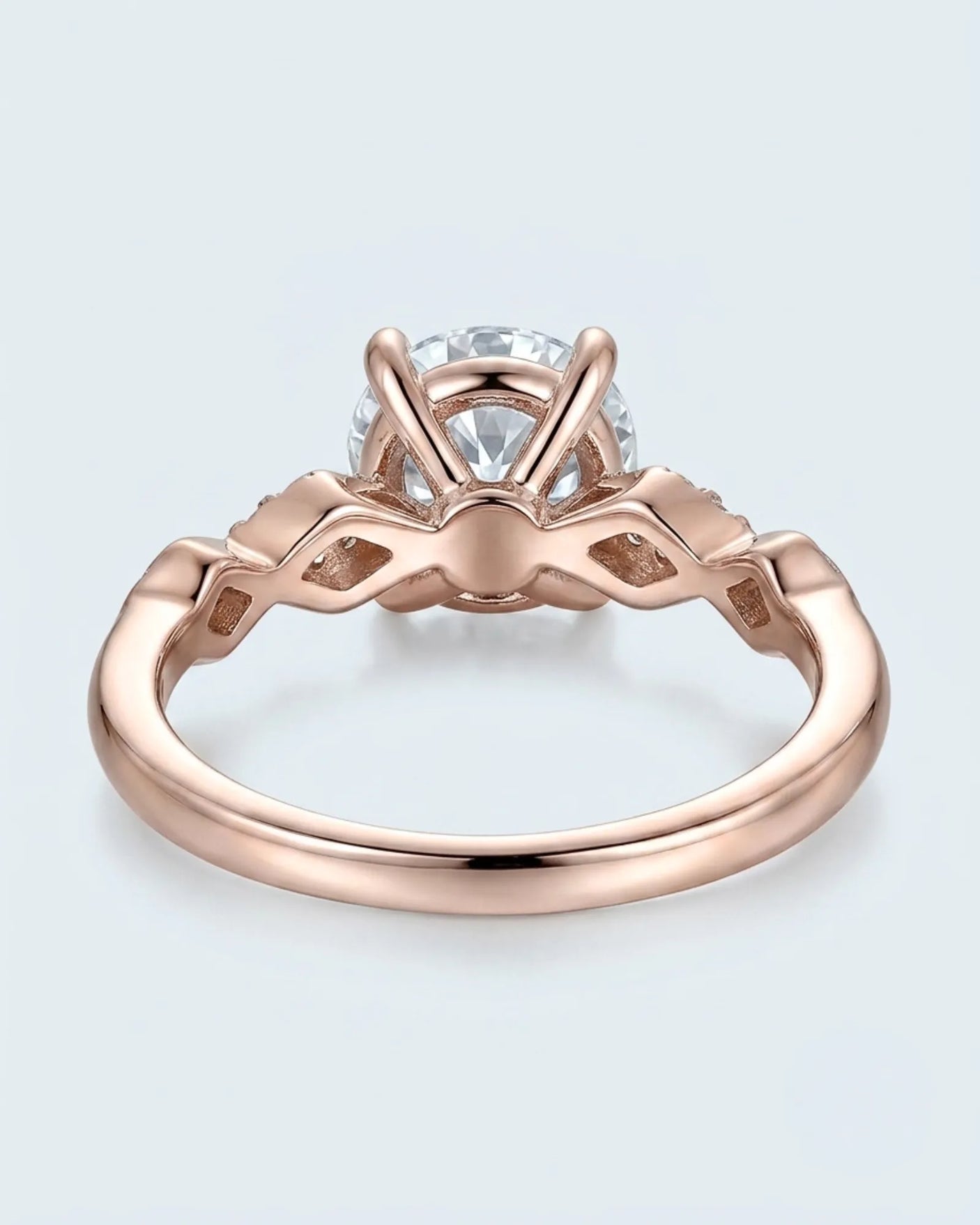 Florence 1 carat round natural diamond engagement ring in 18K rose gold, underside and open geometric gallery view | SARATTI