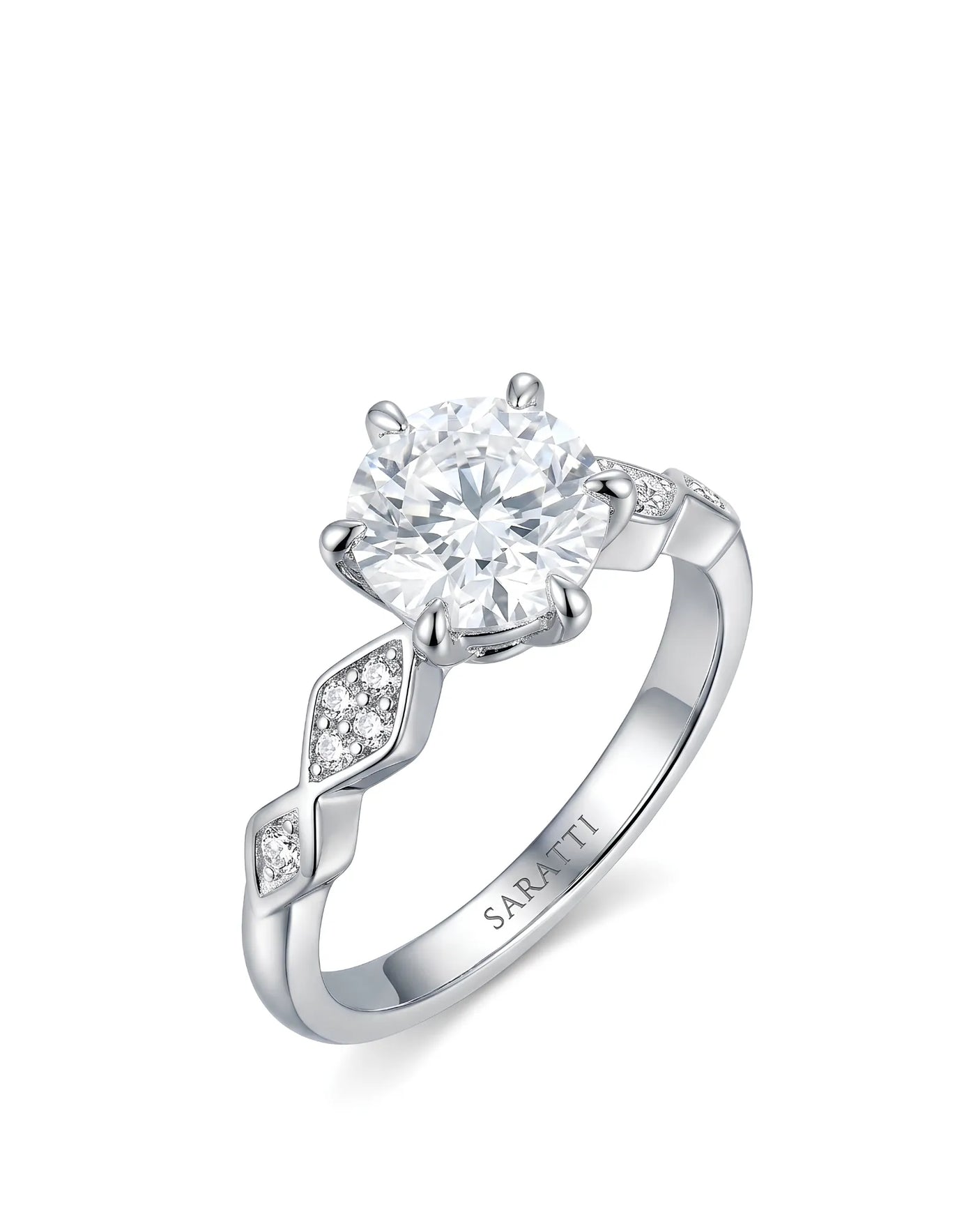Florence 1 carat round natural diamond geometric engagement ring in 18K white gold, 45-degree view | SARATTI