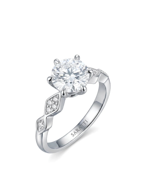 Florence 1 carat round natural diamond geometric engagement ring in 18K white gold, 45-degree view | SARATTI