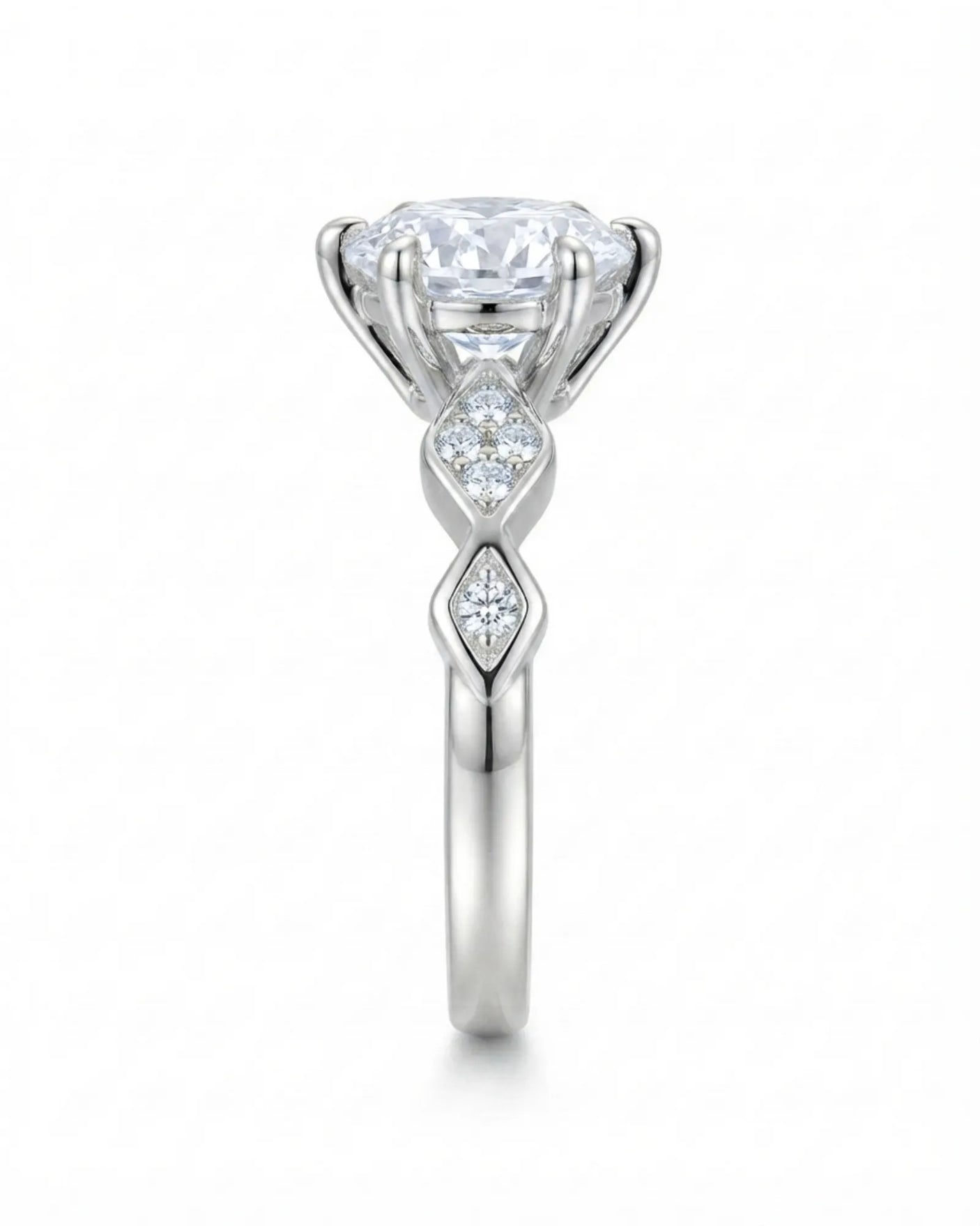 Florence 1 carat round natural diamond engagement ring in 18K white gold, side profile showing six-prong crown | SARATTI