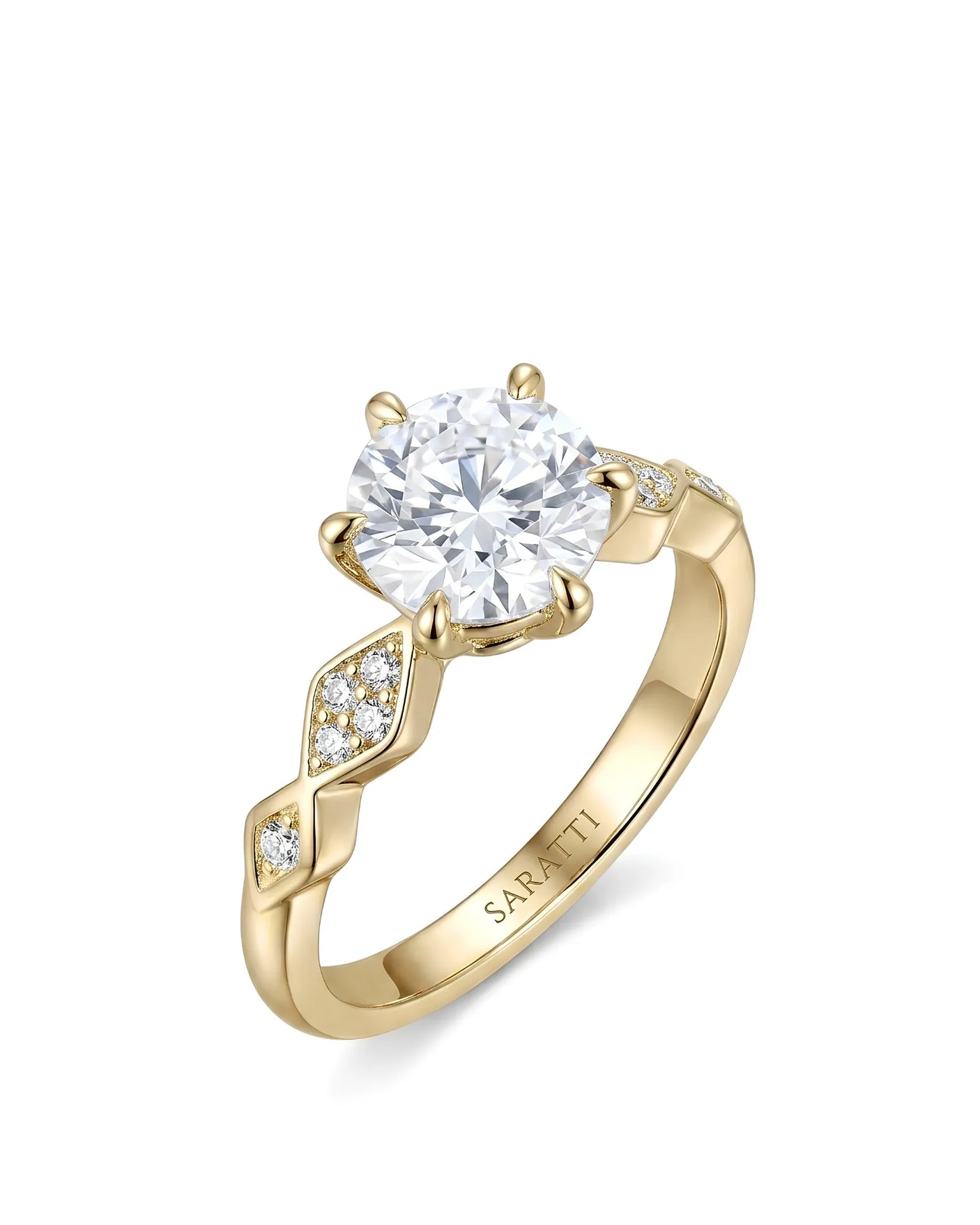 Florence 1 carat round natural diamond geometric engagement ring in 18K yellow gold, 45-degree view | SARATTI