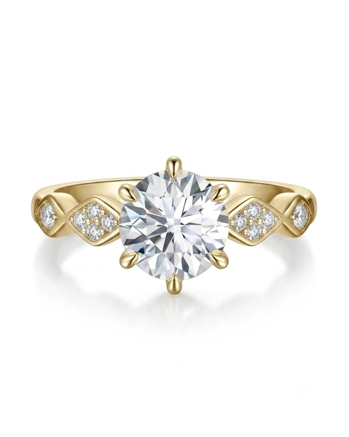 Florence 1 carat round natural diamond engagement ring in 18K yellow gold, front view of geometric diamond shoulders | SARATTI