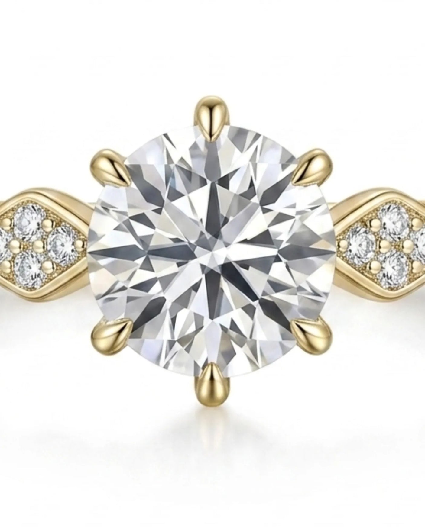Florence 1 carat round natural diamond engagement ring in 18K yellow gold, macro detail of geometric round diamond shoulders | SARATTI