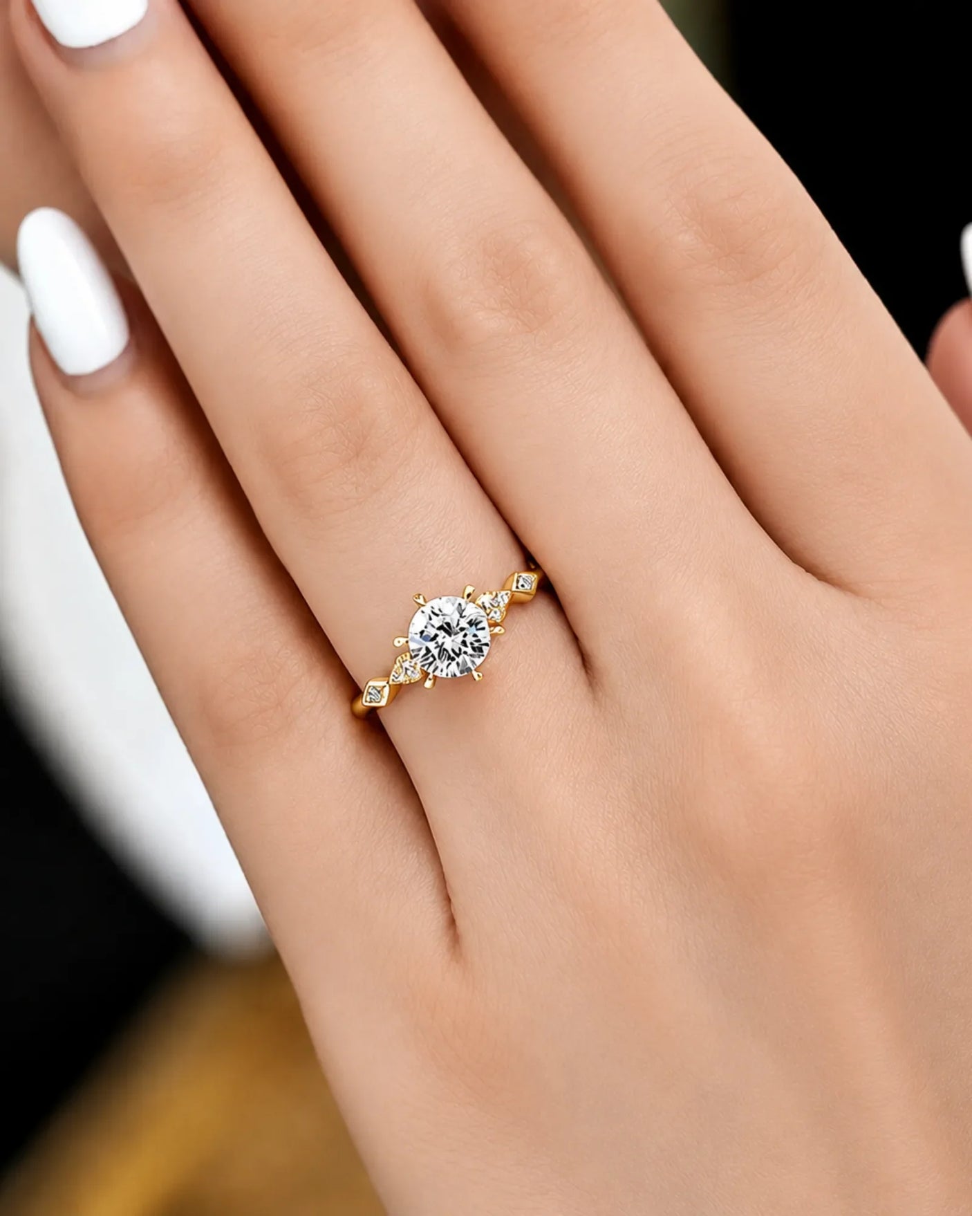 Florence 1 carat round natural diamond geometric engagement ring in 18K yellow gold, worn on hand | SARATTI