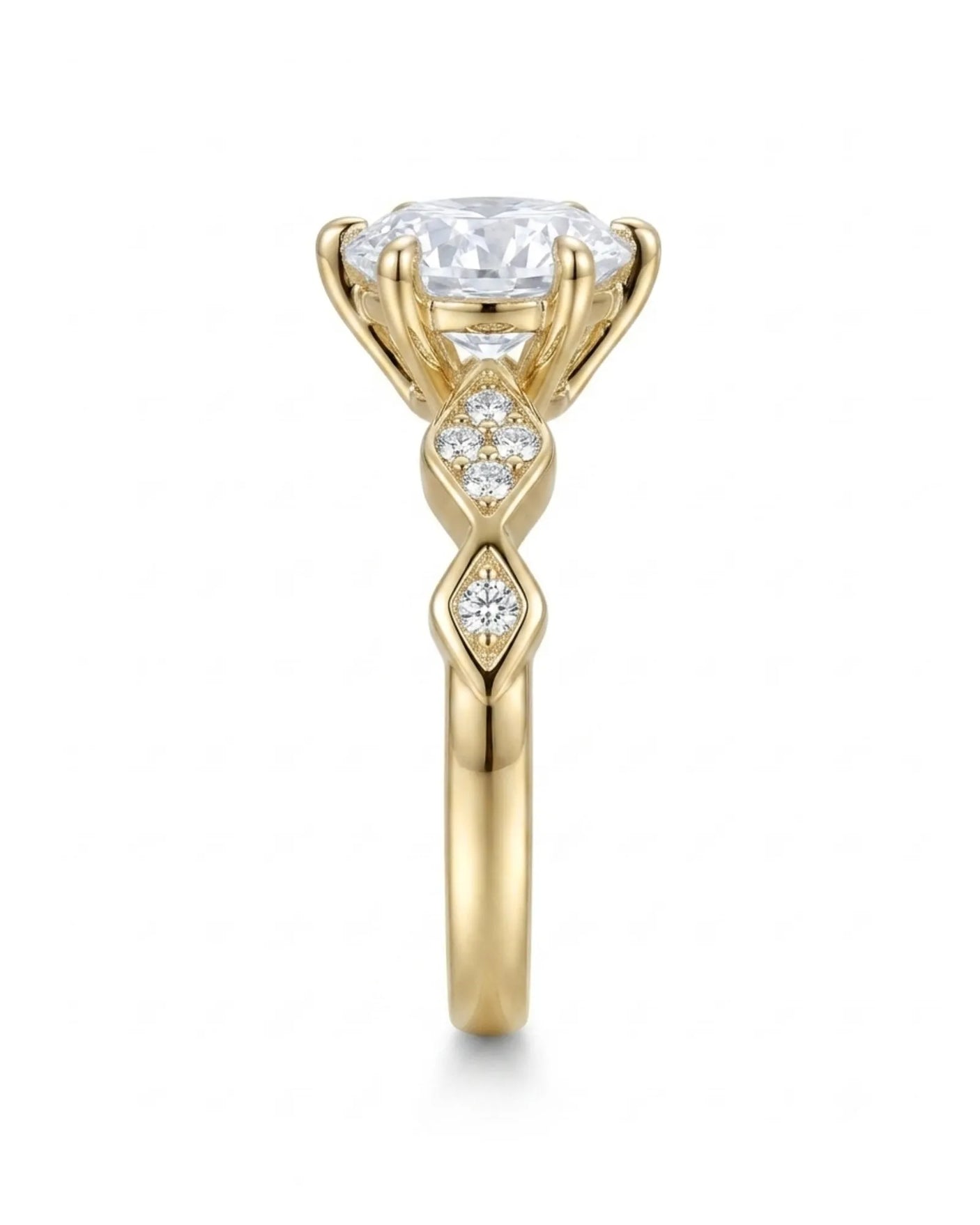 Florence 1 carat round natural diamond engagement ring in 18K yellow gold, side profile showing six-prong crown | SARATTI