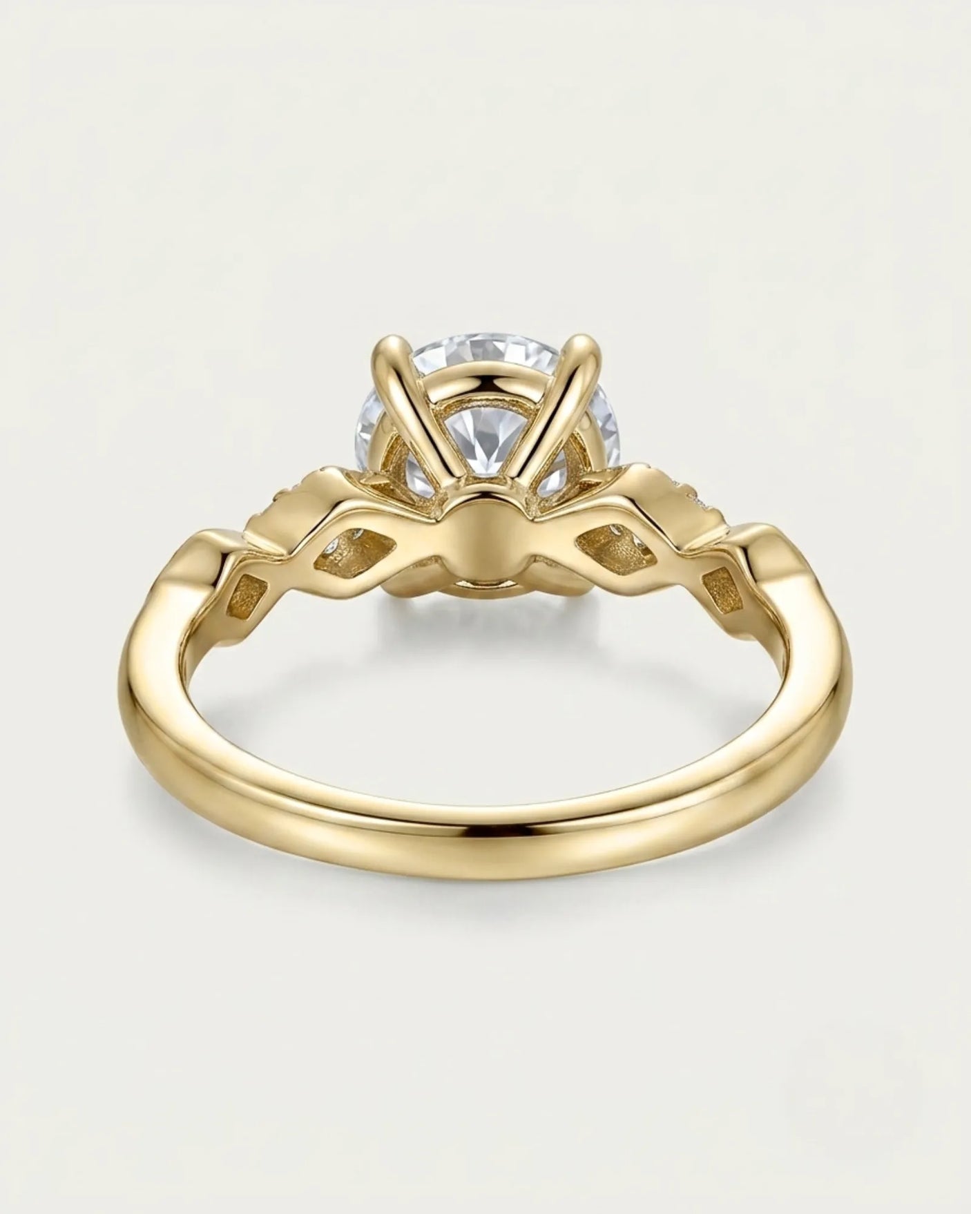 Florence 1 carat round natural diamond engagement ring in 18K yellow gold, underside and open geometric gallery view | SARATTI