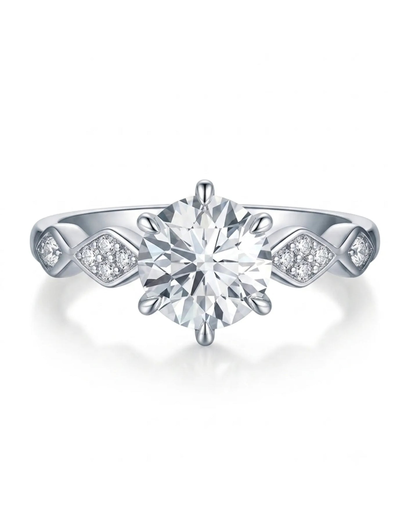 Florence 1 carat round natural diamond engagement ring in platinum, front view of geometric diamond shoulders | SARATTI