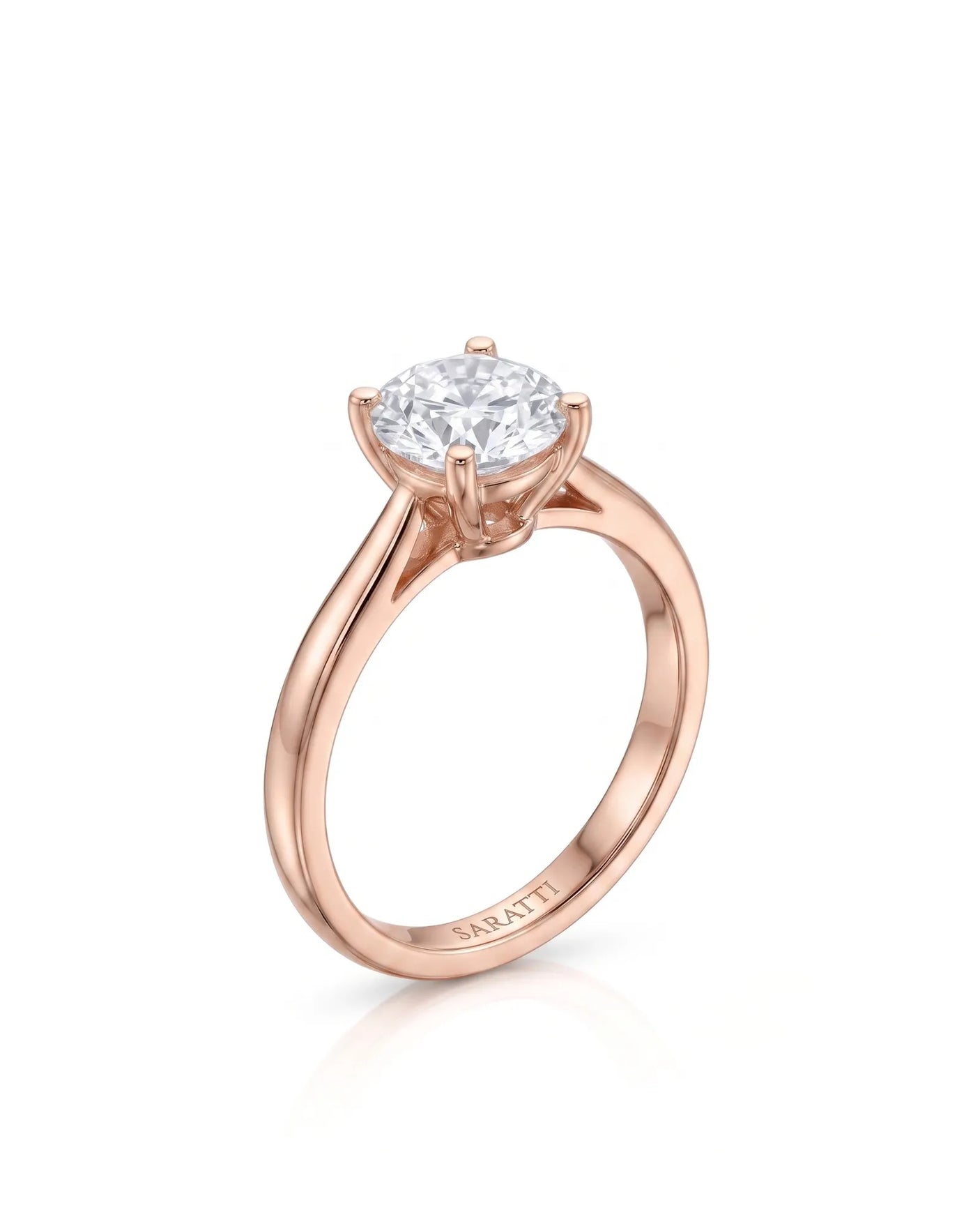 FORIA 1 carat round natural diamond sculpted solitaire ring in 18K rose gold, 45-degree hero view | SARATTI